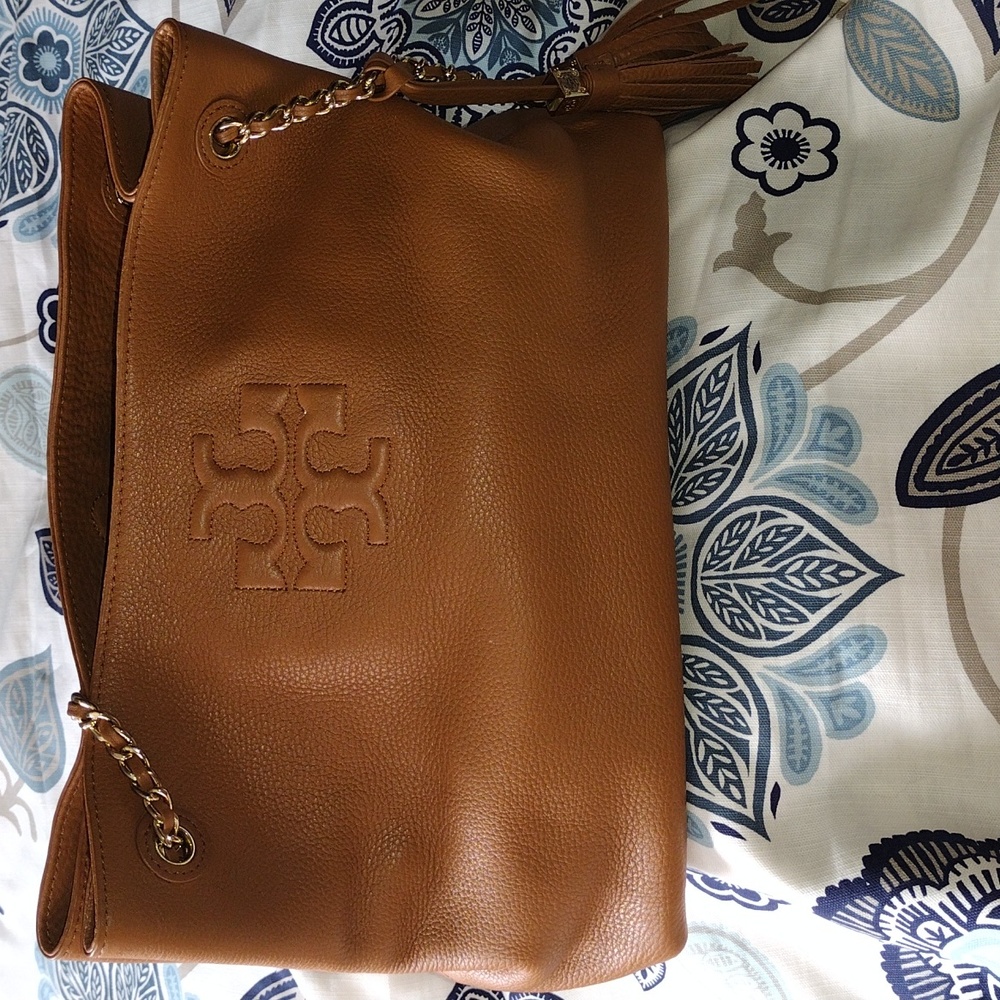 Tory Burch Thea brown pebble leather chain tote bag